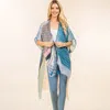 Truedames Geometric Patchwork Pattern Open Front Long Kimono Poncho In Blue