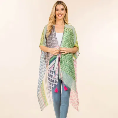 Truedames Geometric Patchwork Pattern Open Front Long Kimono Poncho In Multi