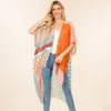 Truedames Geometric Patchwork Pattern Open Front Long Kimono Poncho In Pink