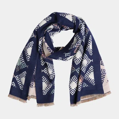 Truedames Geometric Pattern Fringe Oblong Scarf In Blue
