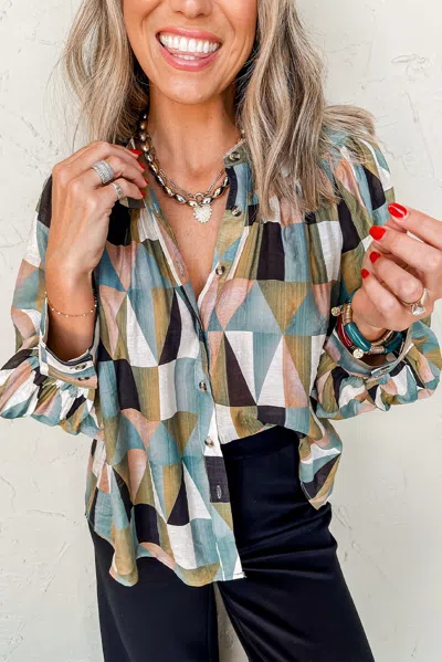 Truedames Geometric Print Buttoned Balloon Sleeve Loose Fit Shirt In Multi