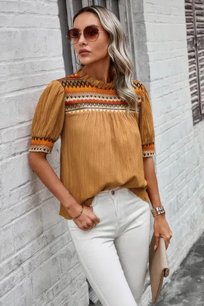 Truedames Geometric Print Elegant Textured Puff Sleeve Shirt In Yellow