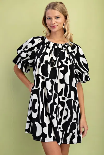 Truedames Geometric Print Loose Fit Mini Dress With Gathered Balloon Sleeves In Black