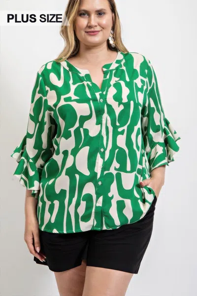 Truedames Geometric Print Ruffled Bell Sleeve Woven Top In Green