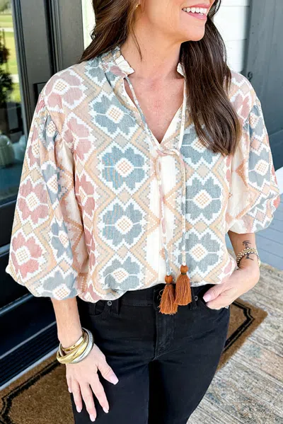 Truedames Geometric Print Tassel Tie Split Neck Balloon Sleeve Blouse In Neutral