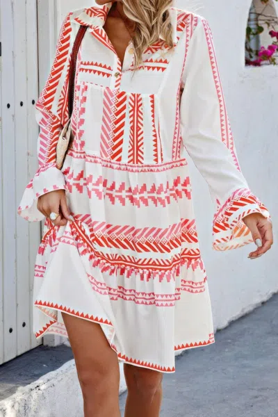 Truedames Geometric Printed Bell Ruffle Sleeve Button Dress In White