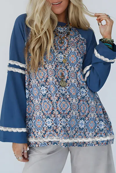 Truedames Geometric Printed Lace Patchwork Ric Rac Raglan Long Sleeve Top In Multi