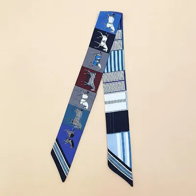 Truedames Geometric Square Horse Pattern Printed Twilly Skinny Scarf In Blue