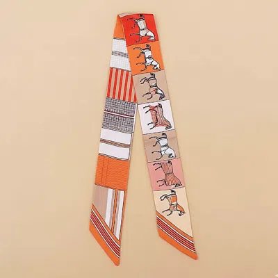Truedames Geometric Square Horse Pattern Printed Twilly Skinny Scarf In Orange