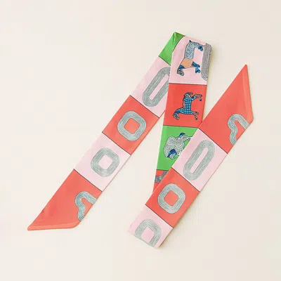 Truedames Geometric Square Horse Pattern Printed Twilly Skinny Scarf In Pink