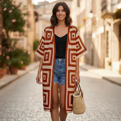 Truedames Geometric Square Pattern Crochet Long Cardigan In Brown