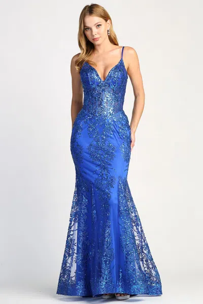 Truedames Glitter Appliqué Mermaid Long Formal Gown In Blue