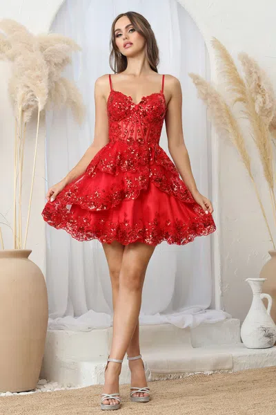Truedames Glitter Corset Tiered Short Homecoming Dress In Red