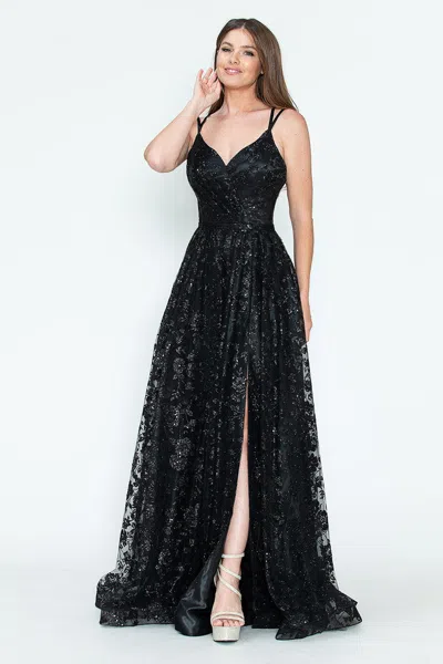 Truedames Glitter Floral A-line Evening Gown With Slit-spaghetti Straps & Sweetheart Neckline In Black