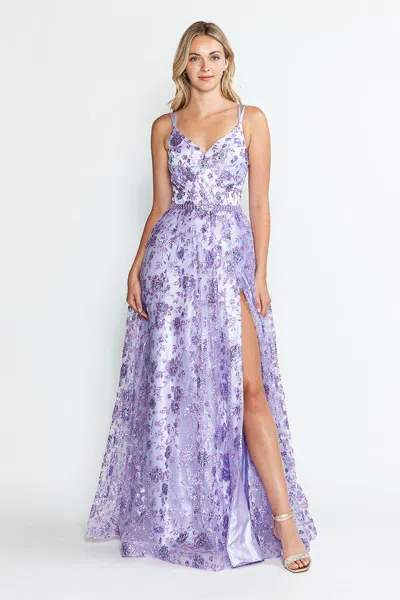 Truedames Glitter Floral A-line Evening Gown With Slit-spaghetti Straps & Sweetheart Neckline In Blue
