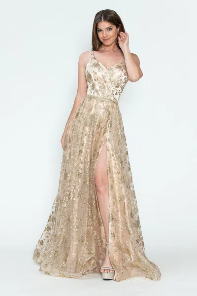 Truedames Glitter Floral A-line Evening Gown With Slit-spaghetti Straps & Sweetheart Neckline In Green