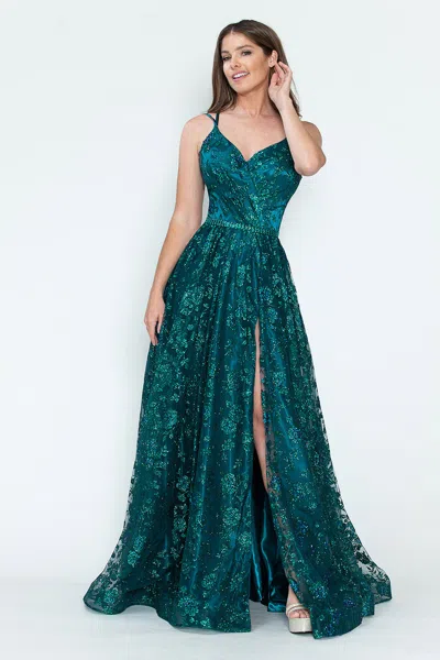 Truedames Glitter Floral A-line Evening Gown With Slit-spaghetti Straps & Sweetheart Neckline In Green