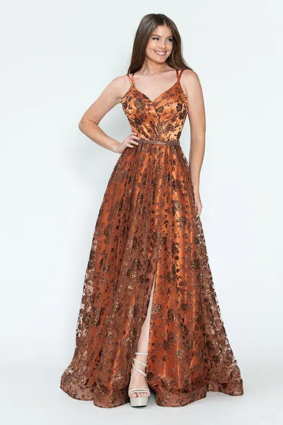 Truedames Glitter Floral A-line Evening Gown With Slit-spaghetti Straps & Sweetheart Neckline In Multi