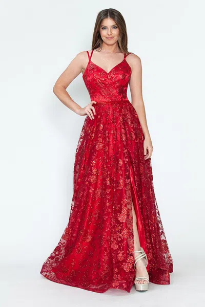Truedames Glitter Floral A-line Evening Gown With Slit-spaghetti Straps & Sweetheart Neckline In Red
