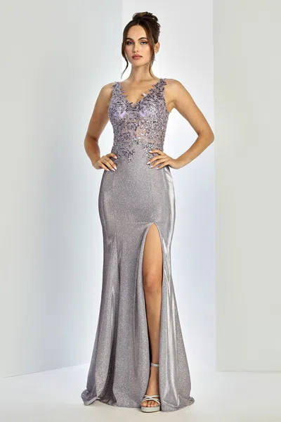 Truedames Glitter Satin Fitted Prom Gown In Gray
