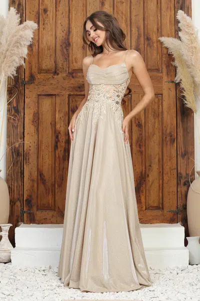 Truedames Glitter Satin Spaghetti Strap A-line Prom Gown In Neutral