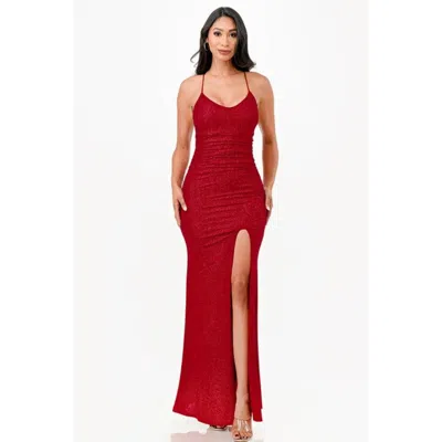 Truedames Glittered Ity Back Lace Up Mermaid Dress With Waist Shirring And Open Slit In Red