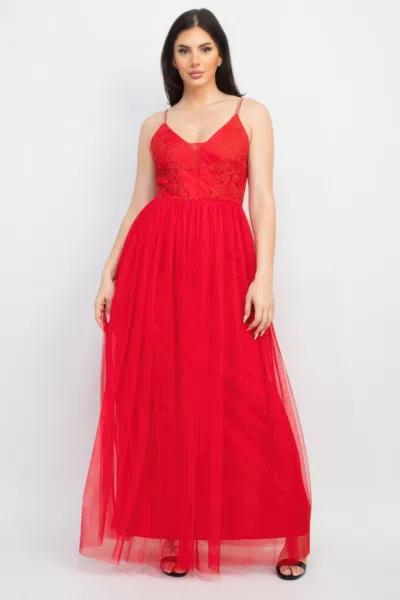Truedames Glittered Straps Mesh Tulle Maxi Dress In Red