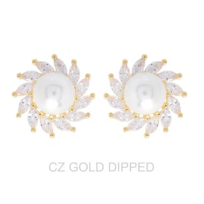 Truedames Gold Dipped Cz Pearl Spiral Halo Drop Earrings In White