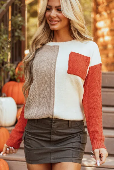 Truedames Gold Flame Colorblock Patched Pocket Drop Shoulder Sweater