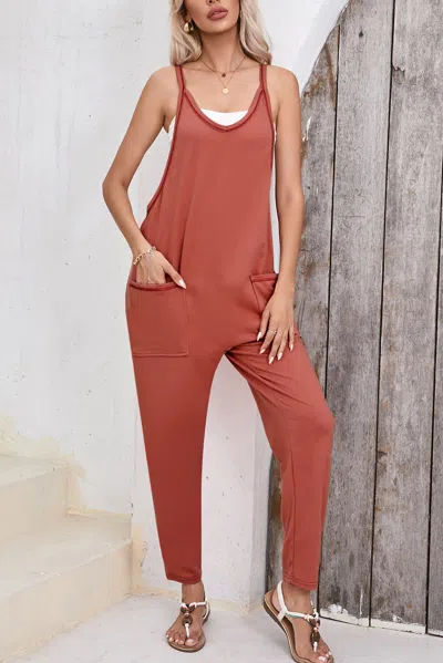 Truedames Gold Flame Side Pockets Harem Pants Sleeveless V Neck Jumpsuit