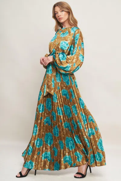 Truedames Golden Bloom Luxe Woven Satin Maxi Dress In Blue