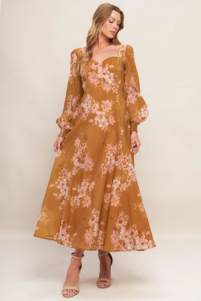 Truedames Golden Blossom Woven Ankle Dress In Brown