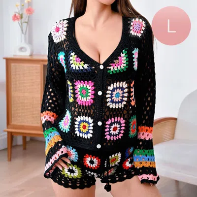 Truedames Granny Square Crochet Long Sleeves Shirt Cardigan In Black