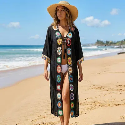 Truedames Granny Square Crochet Trim Tassel Lace Beach Cover Up Poncho In Black