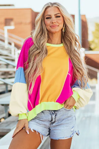 Truedames Grapefruit Orange Colorblock Patchwork Exposed Stitching Oversize Top In Multi