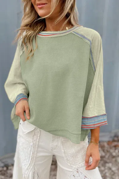Truedames Grapefruit Waffle Knit Wide Bracelet Sleeve Patchwork Raglan Top In Green