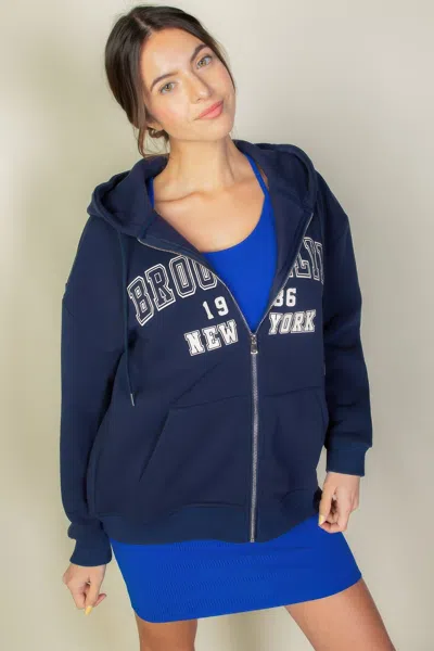 Truedames Graphic Drop Shoulder Zipper Up Hoodie In Blue