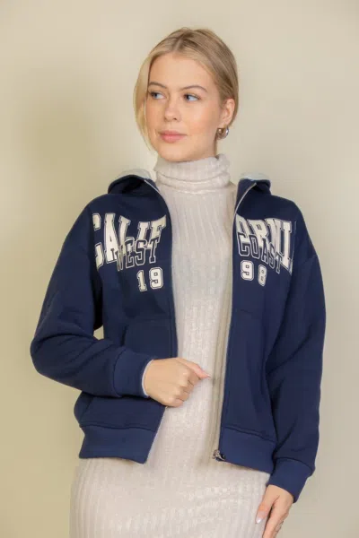 Truedames Graphic Drop Shoulder Zipper Up Hoodie In Blue