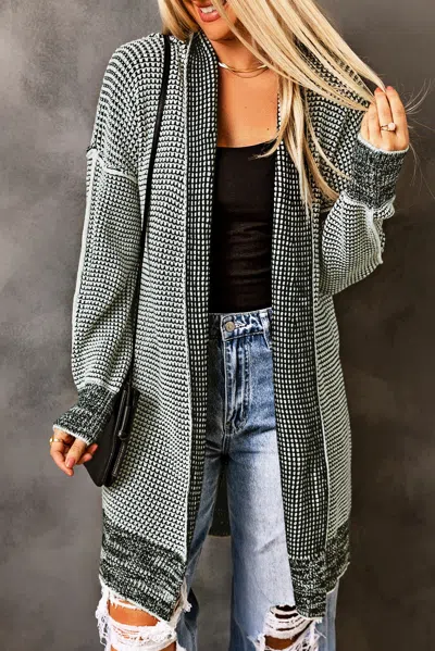 Truedames Gray Plaid Knitted Long Open Front Cardigan