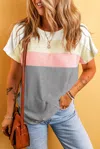 Truedames Gray Ribbed Color Block Patchwork T-shirt In Gray