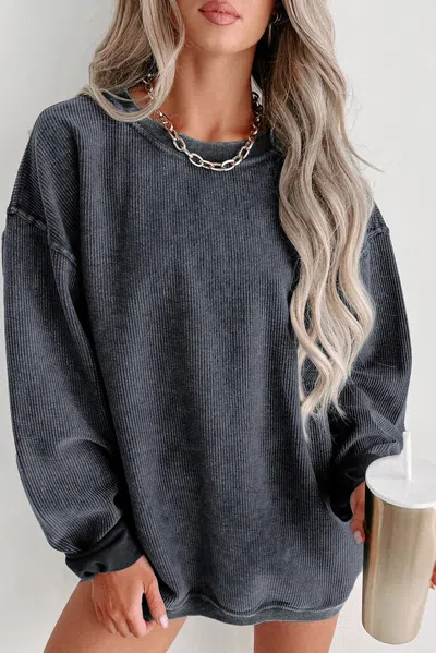 Truedames Gray Solid Ribbed Knit Round Neck Pullover Sweatshirt