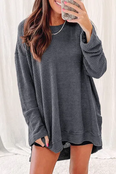 Truedames Gray Waffle Knit High Slits Oversized Top
