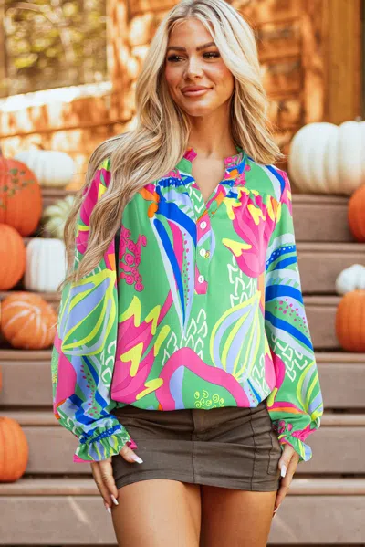 Truedames Green Abstract Print Ruffled Sleeve Buttoned V Neck Blouse