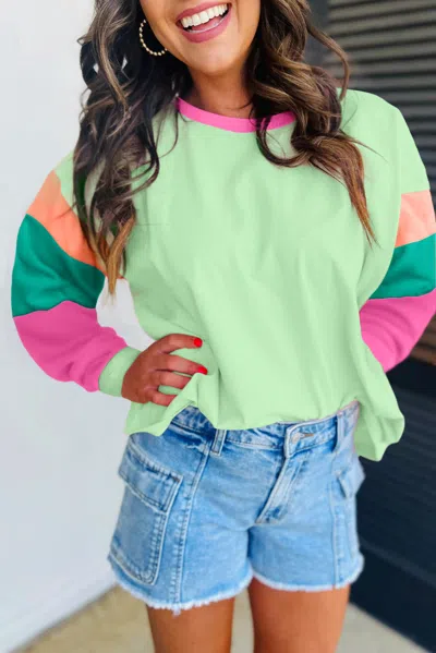 Truedames Green Colorblock Patchwork Long Sleeve Loose Top