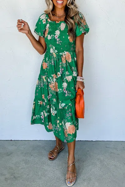 Truedames Green Floral Print Bubble Sleeve Smocked Tiered Midi Dress