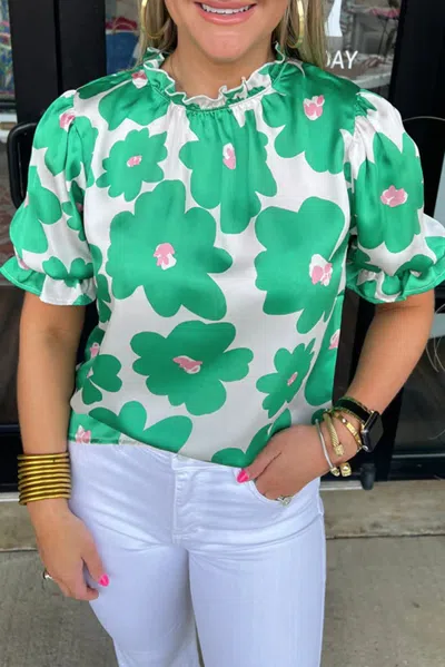 Truedames Green Floral Puff Sleeve Frill Neckline Blouse