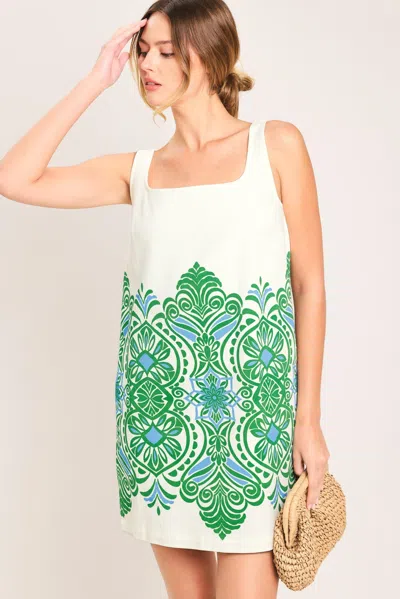 Truedames Green Motif Woven Mini Dress In White