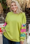 Truedames Green Plus Size Printed Patchwork Sleeve Split Sweatshirt In Green