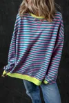 Truedames Green Stripe Oversized Contrast Trim Pullover Sweatshirt In Multi
