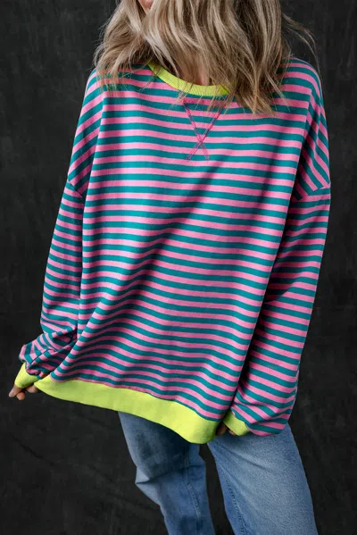 Truedames Green Stripe Oversized Contrast Trim Pullover Sweatshirt In Multi